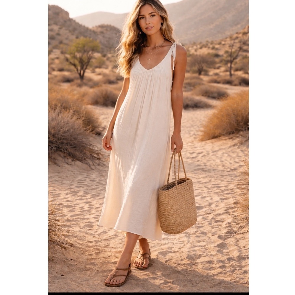 Rosebanks Haute Couture Off White Tie Shoulder Midi Dress‎ with Pockets Womens M